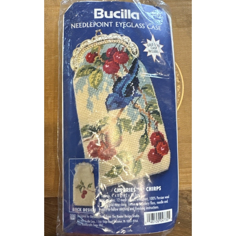 Bucilla Needlepoint Eyeglass Case Kit Cherries Chirps Persian Wool 4735 Vintage